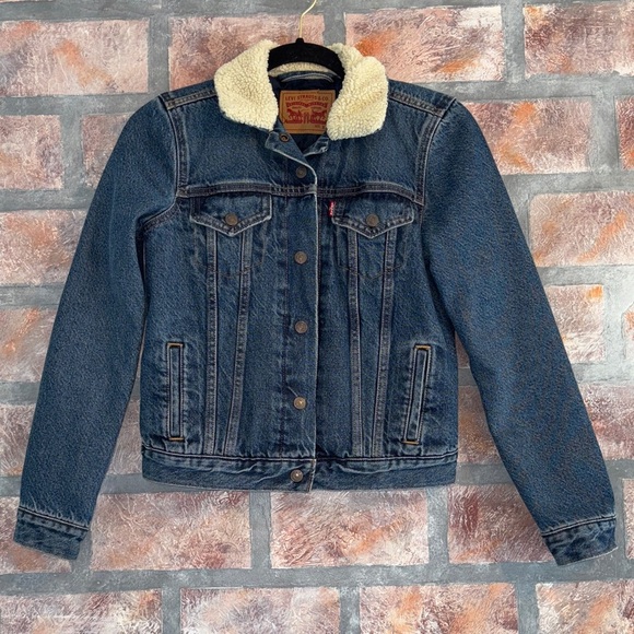 Levi's Dark Blue Denim Jacket with Cream Sherpa Collar - Picture 1 of 9